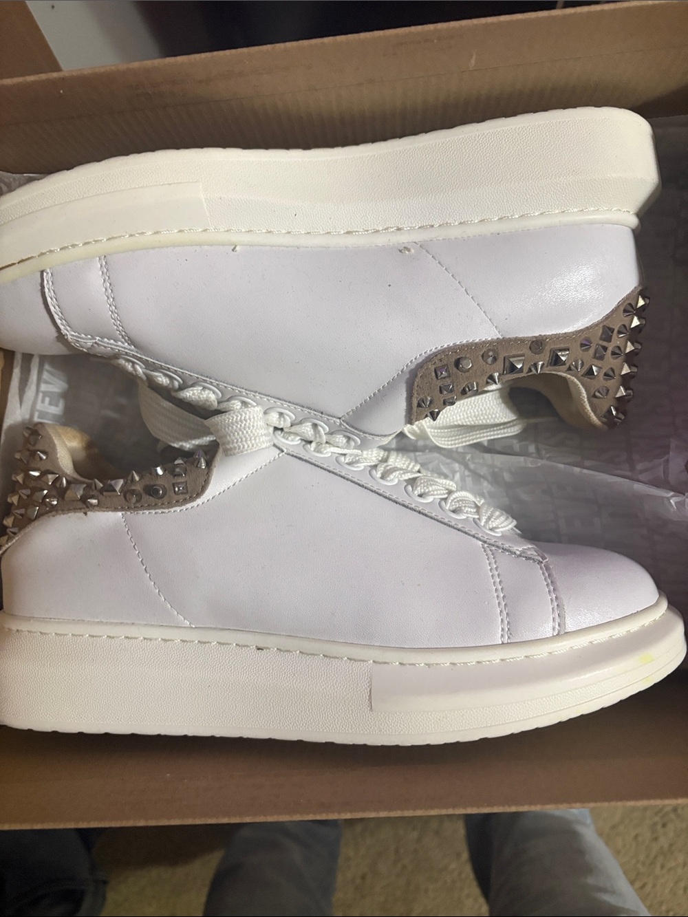 White Men Platform Sneakers with Studded Heel